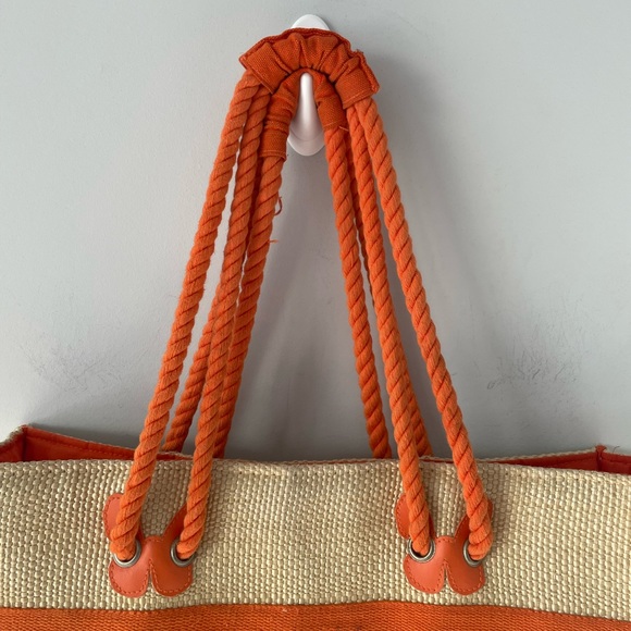 Escada Straw Woven Beige Orange Rope Strap Beach Large Tote Bag Purse - Picture 3 of 5